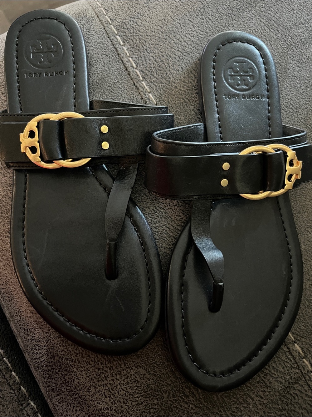 Tory Burch Black Leather Thong Sandals with Gold Logo Buckles